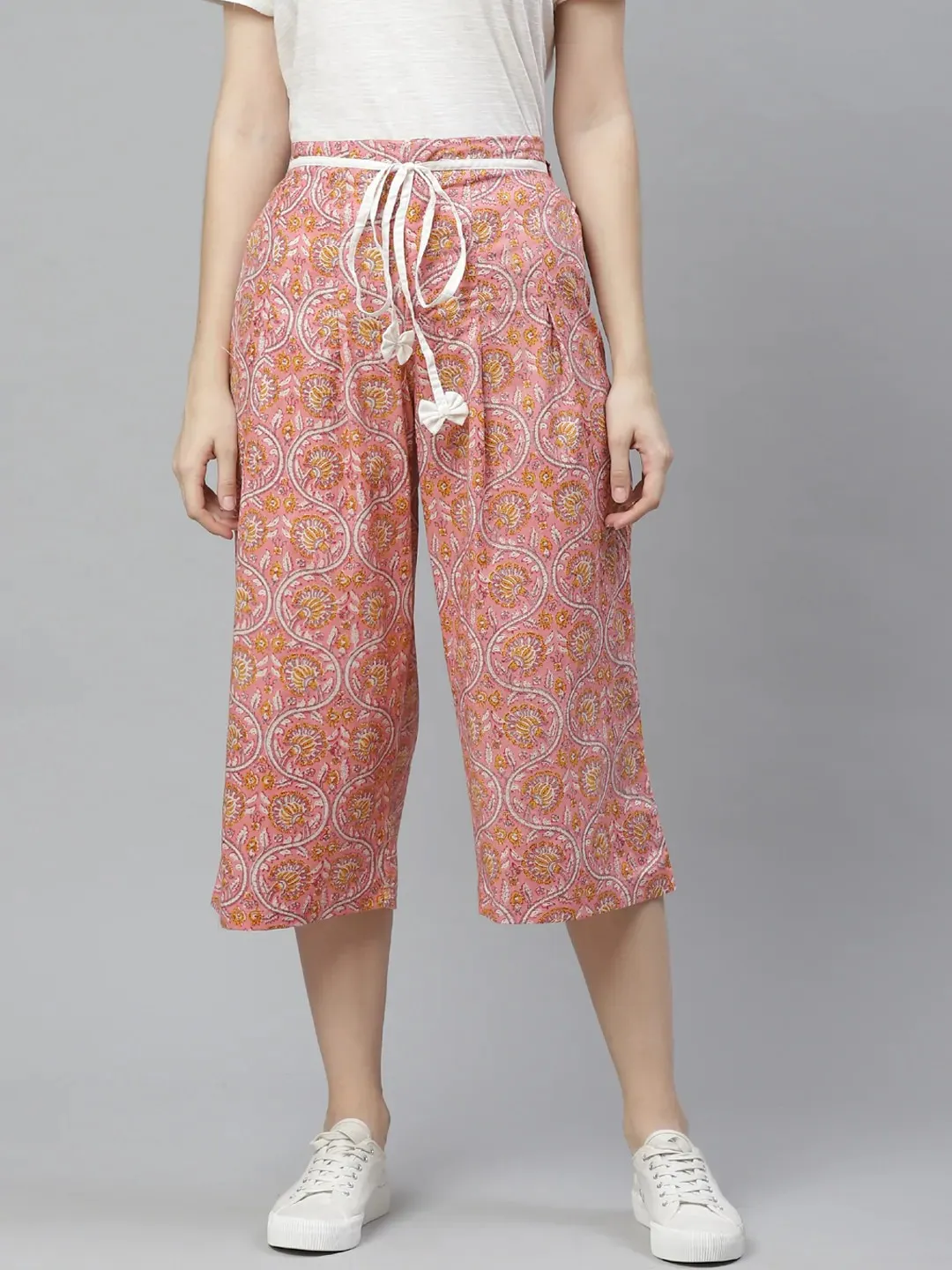 Women'S Pink & Mustard Yellow High-Rise Smart Loose Fit Printed Culottes