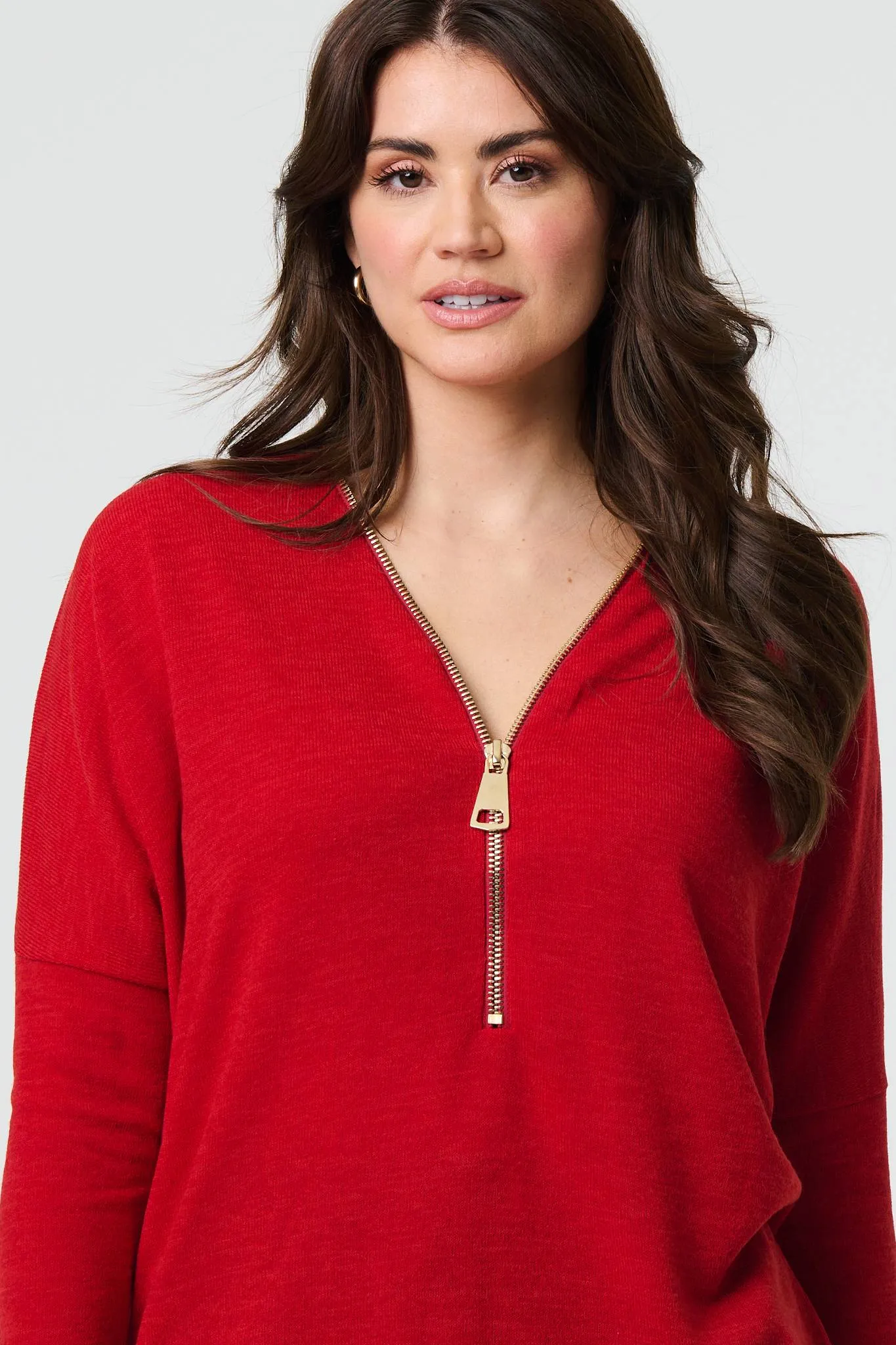 Zip Front V-Neck Relaxed 3/4 Sleeve Top