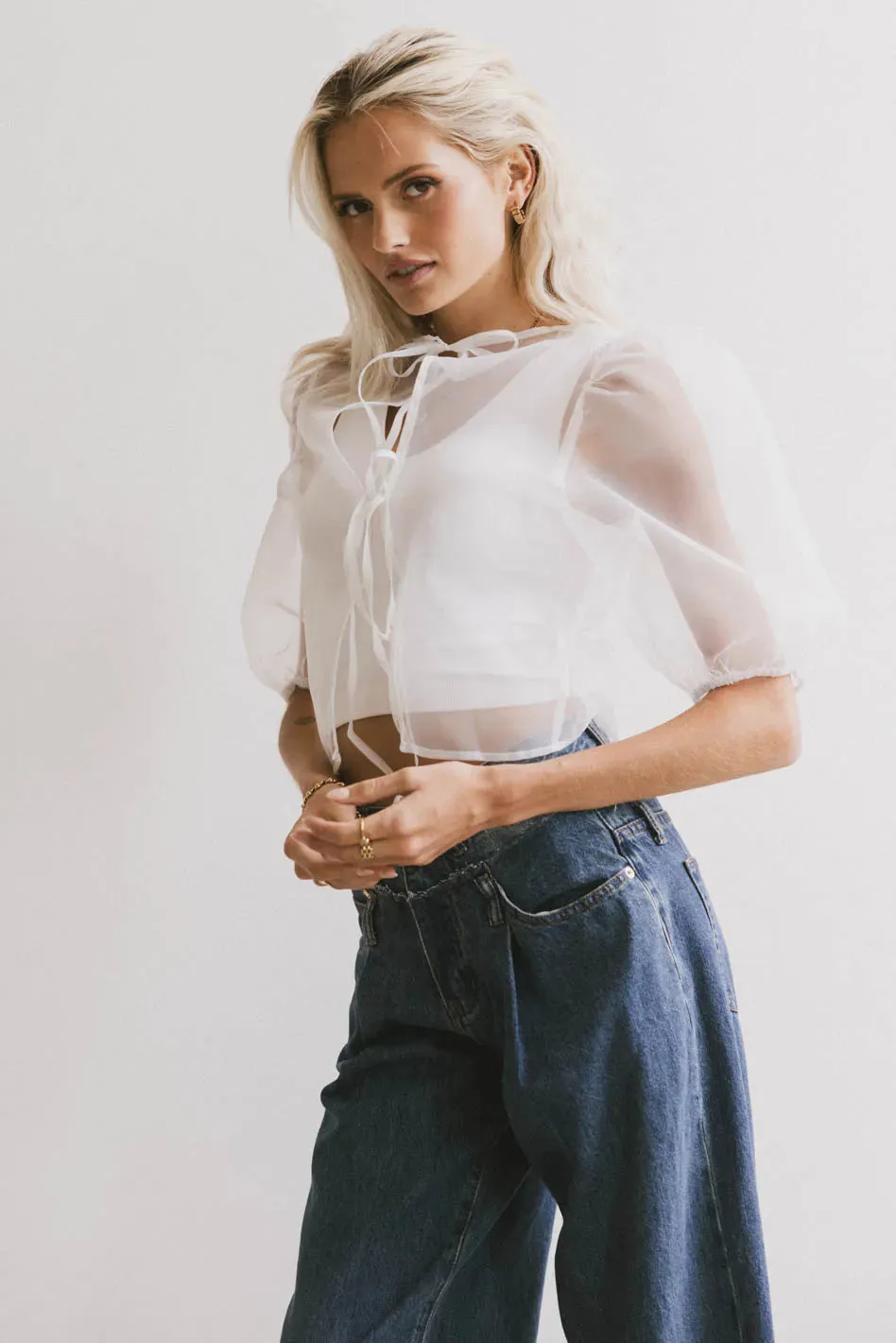 Zuri Sheer Tie Blouse in White